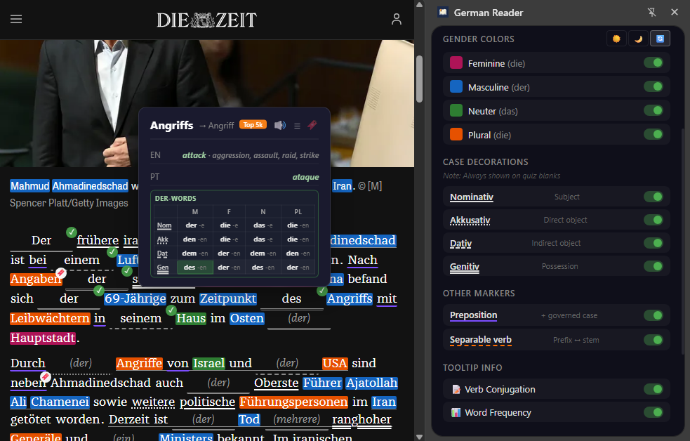 German Reader annotating a Zeit.de article with color-coded genders, case underlines, and grammar tooltip