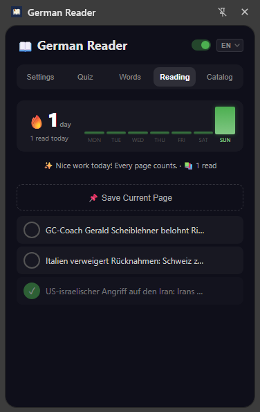 Reading tab showing daily streak and reading history
