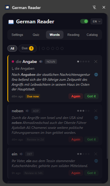 Words tab showing saved words with spaced repetition review